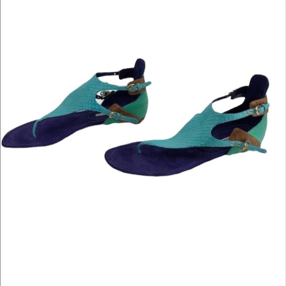 Brian Atwood leather colorblock teal purple brown strappy  caprese thong sandals - Picture 11 of 11